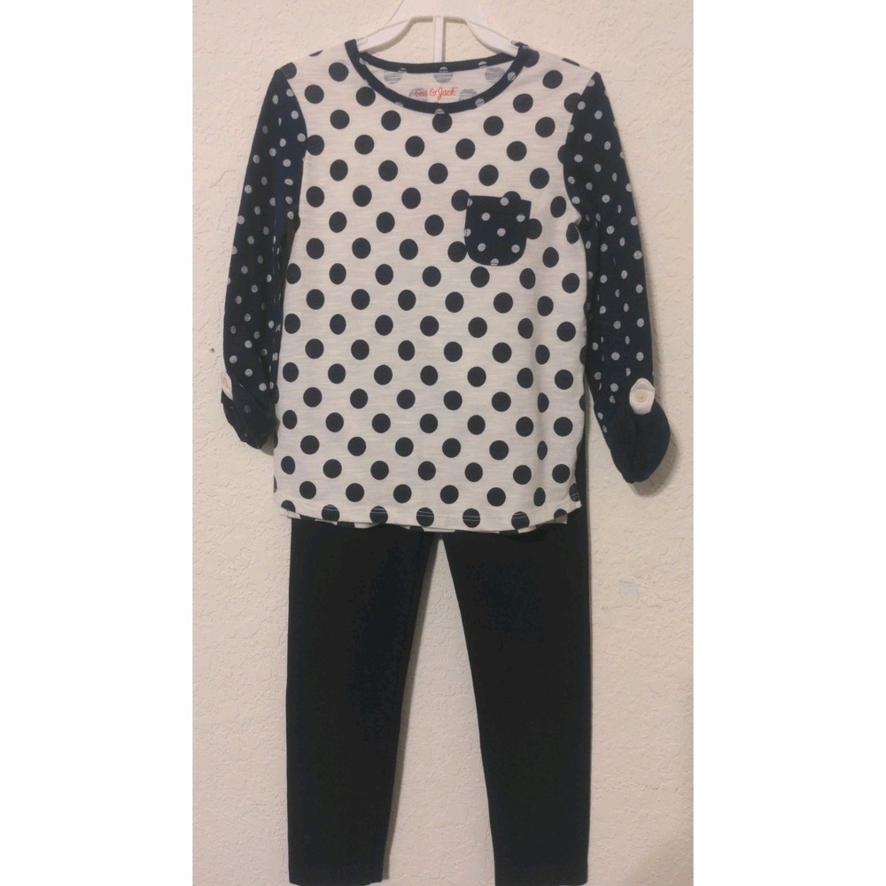 Girls Navy Blue Polka Dot Shirt & Pants 2 Piece Set. Size 5T Top M Bottom EUC